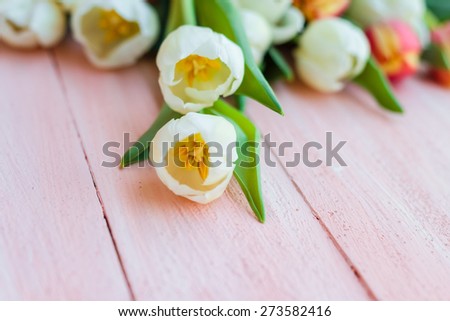 Art abstract background with spring tulips on wooden for design