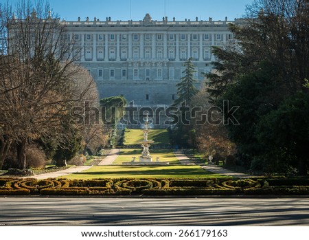 Madrid/Spain - March 6, 2015: A spring sunrise over the Campo del Moro park and the Royal Palace in Madrid.