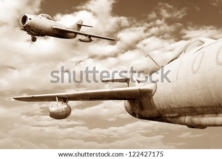 Old military aircraft, flying fighter jet