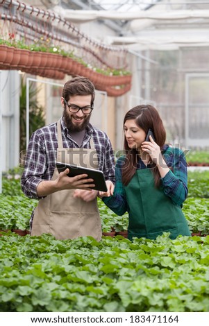 Young adult garden worker in apron using digital tablet at greenhouse