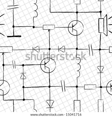 Seamless electronic circuit. Design scribbles on white paper. Vector version is in my portfolio