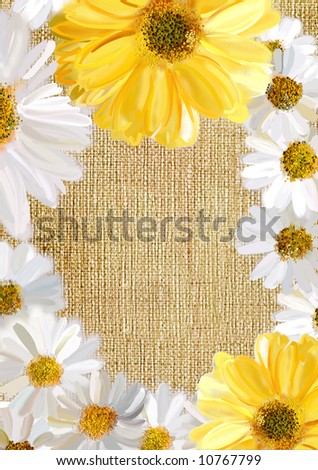 artistic framed background with painted flowers over canvas texture