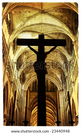 drammatic scene with cross inside cathedral - artistic picture