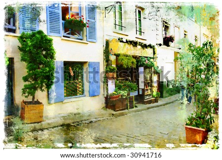 stock photo streets of old Montmartre Paris watercolor style