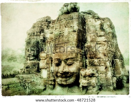 ancient Cambodian temple Bayon - artwork in retro style