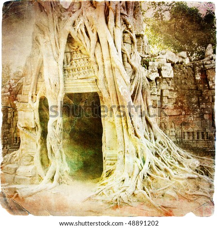 gates with roots at ancient temple of Cambodia - artwork in retro style
