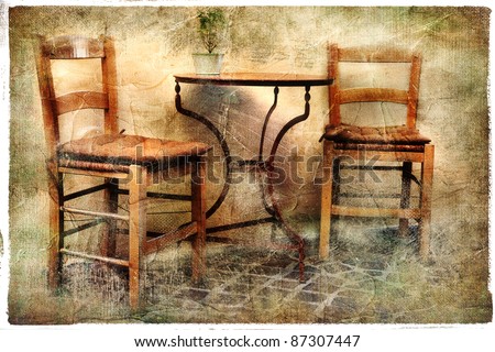 two old chairs - artwork in retro painting style