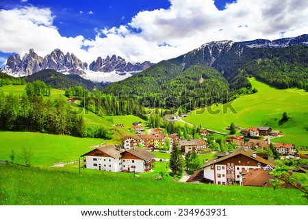 amazing scenery of Dolomites, Italian Alps, View with village Ma