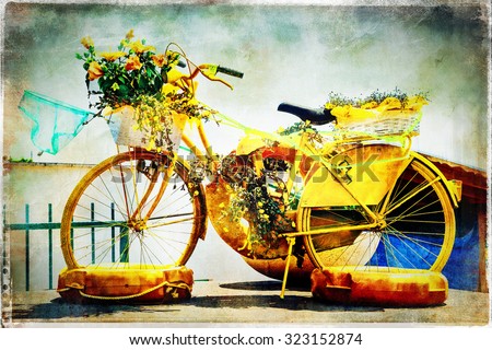 retro postcards - floral bike, artwork in painting style
