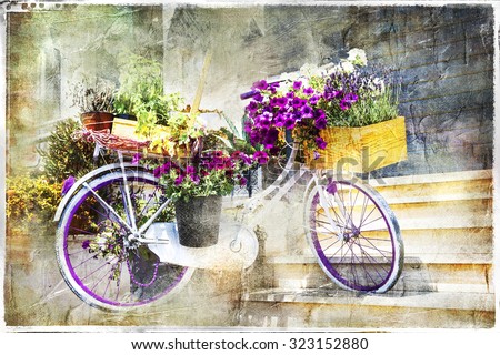 romantic cards - floral bike, artwork in painting style