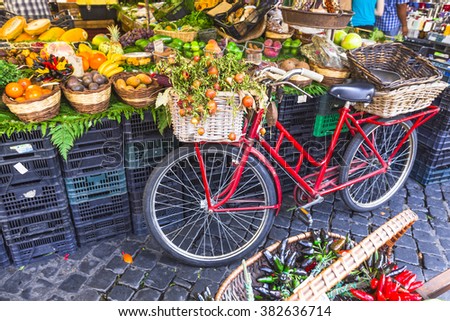 Fruit market with old bike in Campo di Fiori, Rome