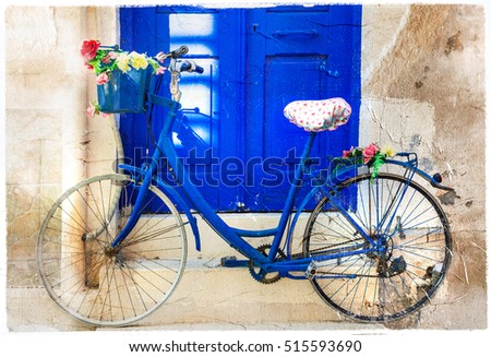 charming floral street decoration with old bike. Retro picture