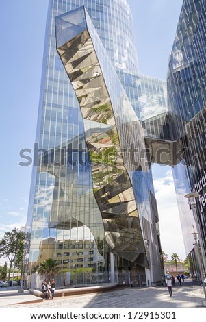 BARCELONA, SPAIN - MAY 30 View of modern glass office building, in Barcelona, Spain, on May 30, 2013. The building was designed by Enric Miralles and Benedetta Tagliabue architects