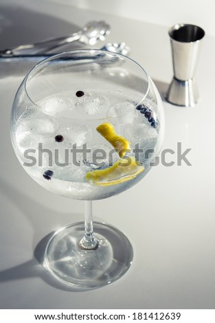 Closeup of gin tonic cocktail with ice, lemon and cardamom ready to serve over a club bar background