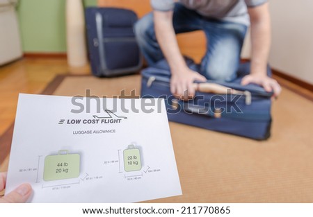 Man trying to close full hand luggage for comply low cost airlines restrictions