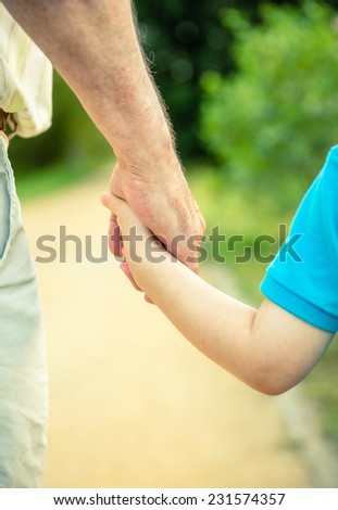 Back view of child holding hand of senior man over a nature background. Two different generations concept.