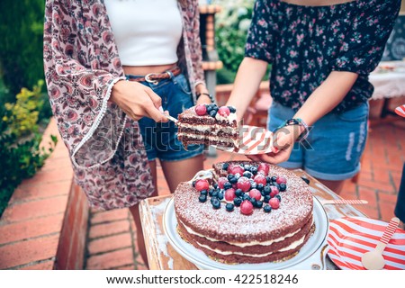 Woman serving chocolate cake in a summer party