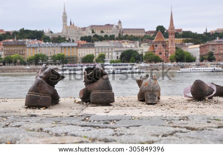 BUDAPEST, HUNGARY/EUROPE - August 1 : Iron shoes memorial to Jewish people executed WW2 in Budapest Hungary on August 1, 2015