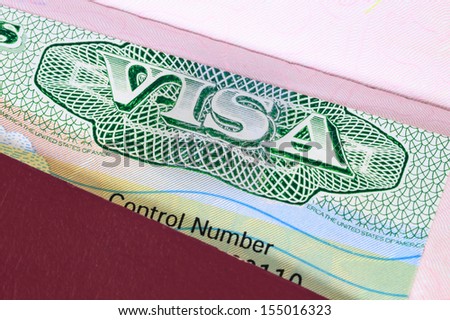 US visa in a passport macro