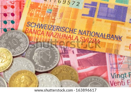 Switzerland money swiss franc banknote and coins close-up