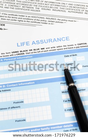 Life assurance application form with pen concept for life planning