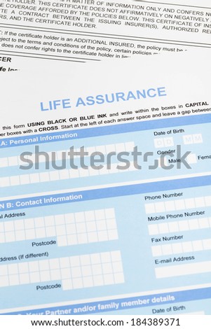 Life assurance application form concept for life planning