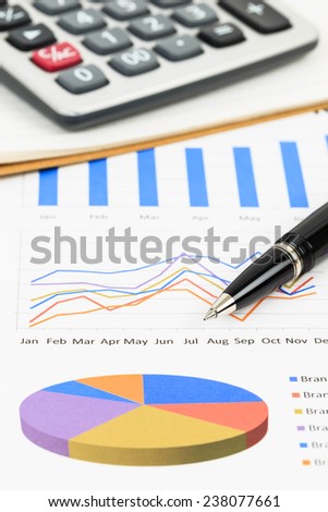 Marketing report chart and graph analysis with pen and calculator