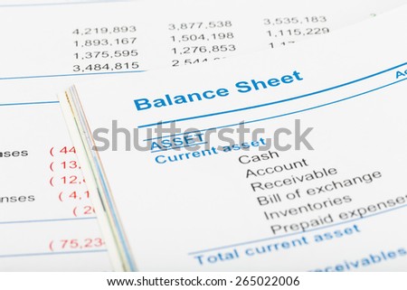 Balance sheet in stockholder report book, document is mock-up