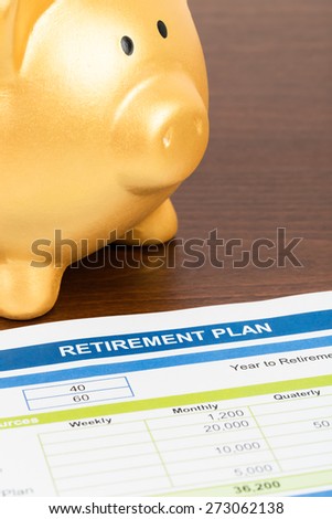 Retirement plan with piggy bank, document is mock-up
