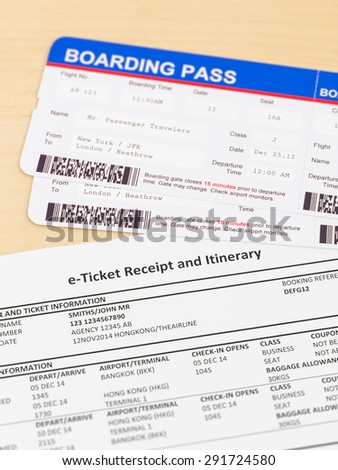 E-ticket and boarding pass; e-ticket and boarding pass are mock-up
