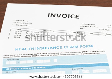 Health insurance claim form and invoice; invoice and form are mock-up