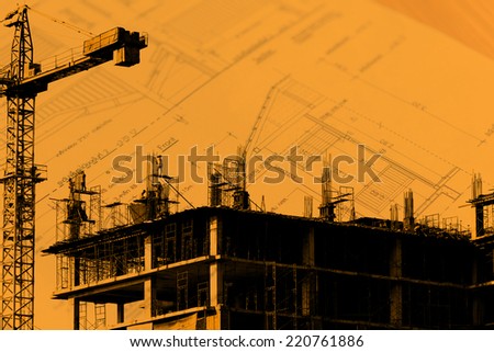 Construction site, silhouettes of workers