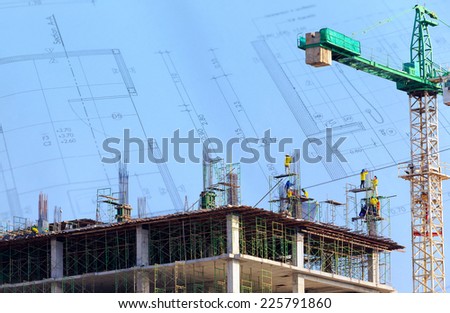 Construction Site with worker on blue sky