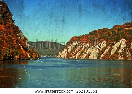 Old postcard with landscape in the Danube Gorges, Romania. Image digitally processed.