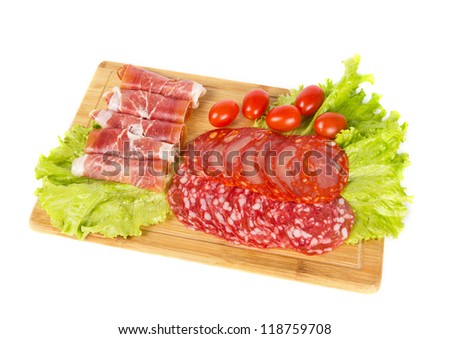 Mix of meat snacks on white background