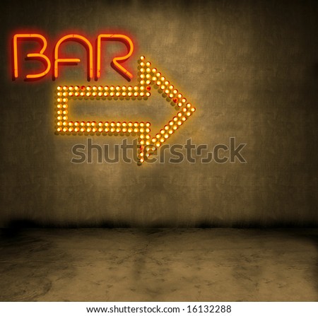 Bar signs on a grungy concrete wall in a dark alley
