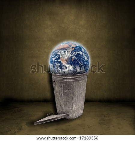 Earth in a rusty old trash can in a grungy room