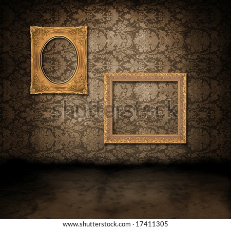 Dark, grungy room with Victorian wallpaper and gold frames