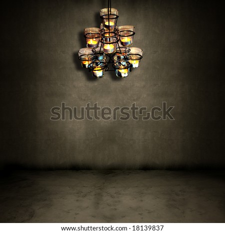 Tea light candles hanging in a dark grungy room