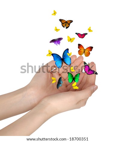 Hands releasing butterflies