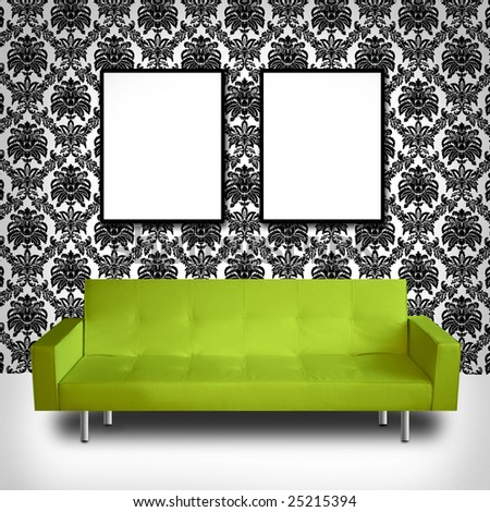 Modern green couch in a room with brocade wallpaper - space for copy in frames
