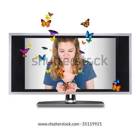 Butterflies flying through a flat screen tv