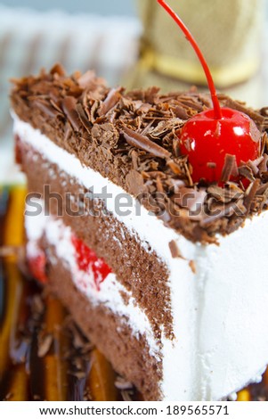 slice of delicious chocolate cake with chocolate icing and a cherry on top.