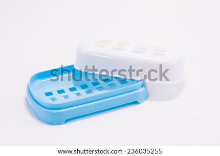 blue  plastic soap box on white background