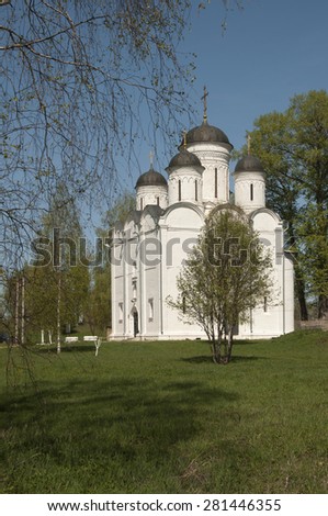 TVER OBLAST, RUSSIA, MAY 10, 2015 The Archangel Michael church in Mikulino village, the end of XIV century. Russia, Moscow region.