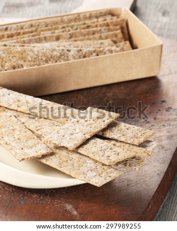 Crisp bread in a cardboard box, close up