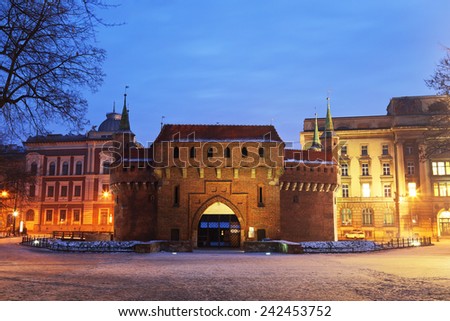 A gate to Krakow - the best preserved barbican in Europe, Poland by night