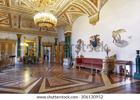 ST. PETERSBURG, RUSSIA - JULY 11, 2015: Interior malachite living room - private chambers of the Russian Empress Alexandra Feodorovna, the Winter Palace, St. Petersburg