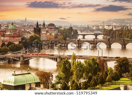 View of Prague and Charles bridge at dawn, Czech Republic