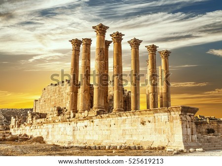 Temple of Artemis in the ancient Roman city of Gerasa at the sunset, preset-day Jerash, Jordan